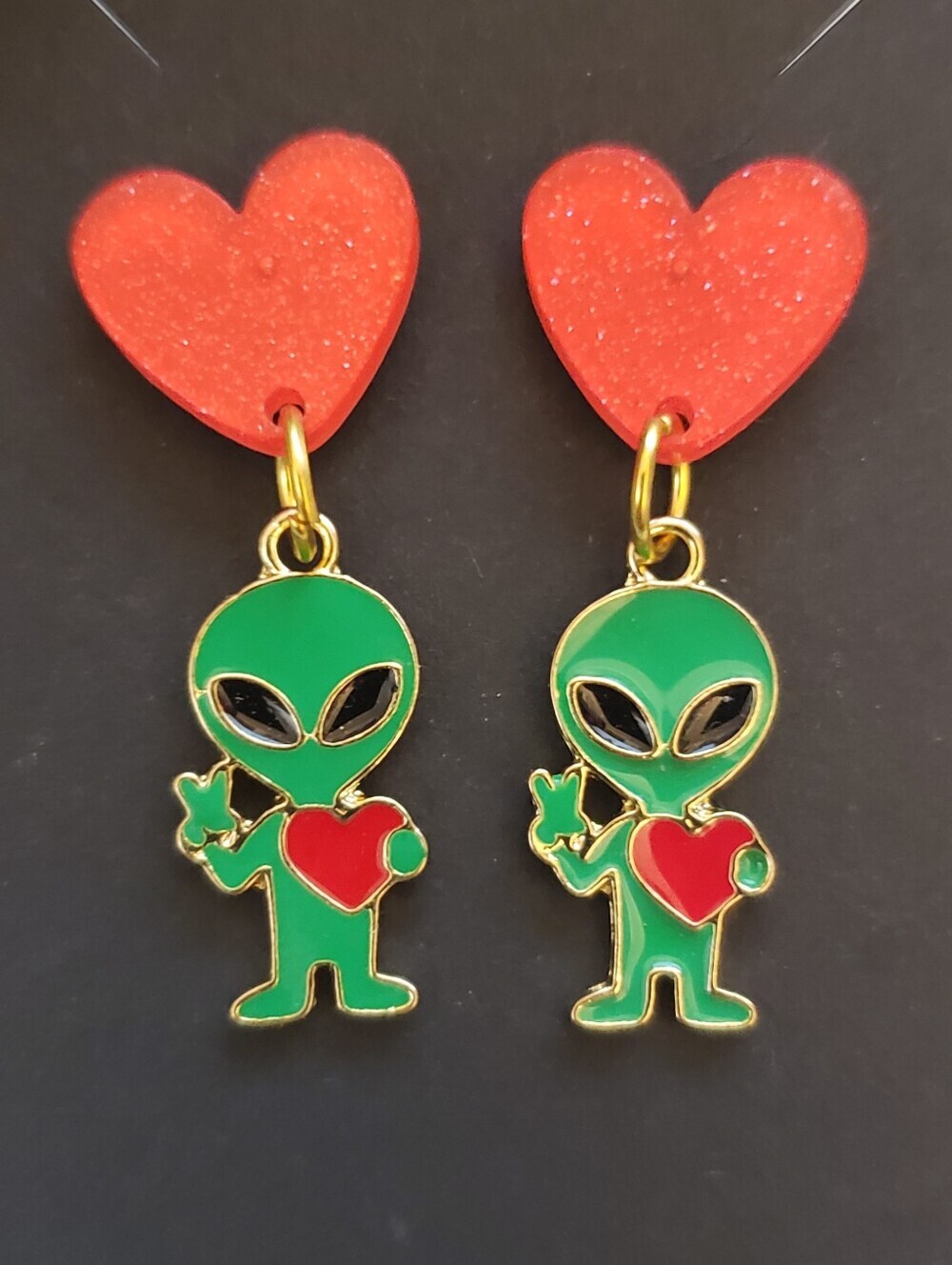 Handmade Metal Heart Alien Earrings